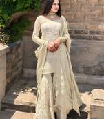 women's  silk sequins embroidered kurta sharara with dupatta set
