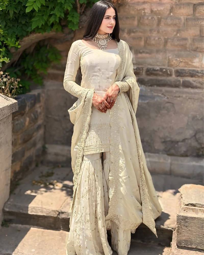 women's  silk sequins embroidered kurta sharara with dupatta set
