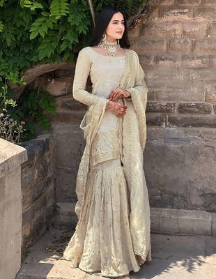 women's  silk sequins embroidered kurta sharara with dupatta set 2