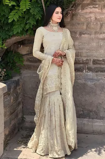 women's  silk sequins embroidered kurta sharara with dupatta set