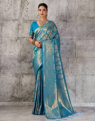 Teal blue color rich sophisticated kanjivaram blend silk saree 1