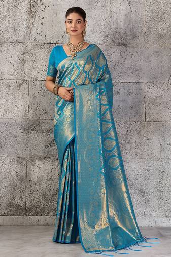 Teal blue color rich sophisticated kanjivaram blend silk saree