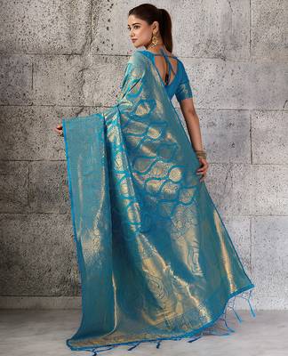 Teal blue color rich sophisticated kanjivaram blend silk saree 2