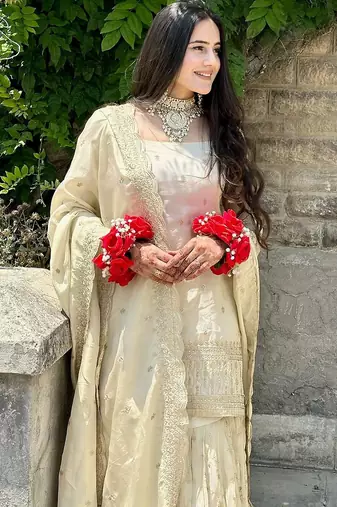 women's  silk sequins embroidered kurta sharara with dupatta set