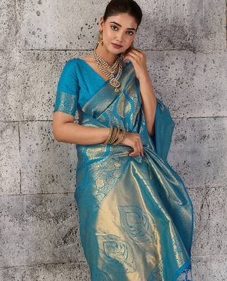Teal blue color rich sophisticated kanjivaram blend silk saree 3