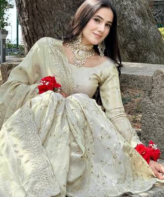 women's  silk sequins embroidered kurta sharara with dupatta set 4