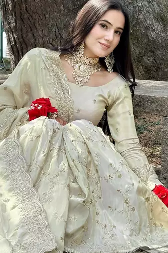 women's  silk sequins embroidered kurta sharara with dupatta set