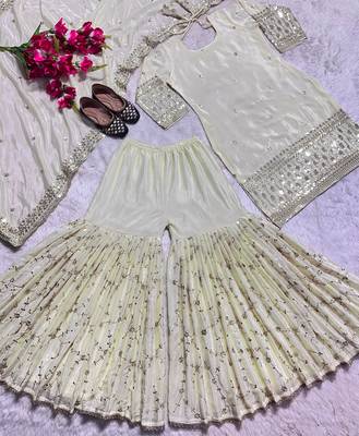 women's  silk sequins embroidered kurta sharara with dupatta set 5