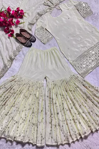 women's  silk sequins embroidered kurta sharara with dupatta set