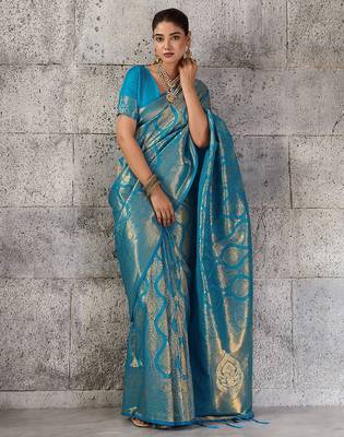 Teal blue color rich sophisticated kanjivaram blend silk saree 4