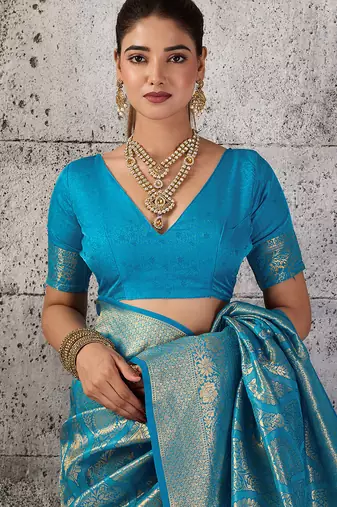 Teal blue color rich sophisticated kanjivaram blend silk saree