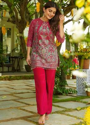 women's  silk embroidered kurta palazzo set 1