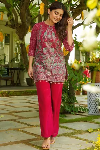 women's  silk embroidered kurta palazzo set