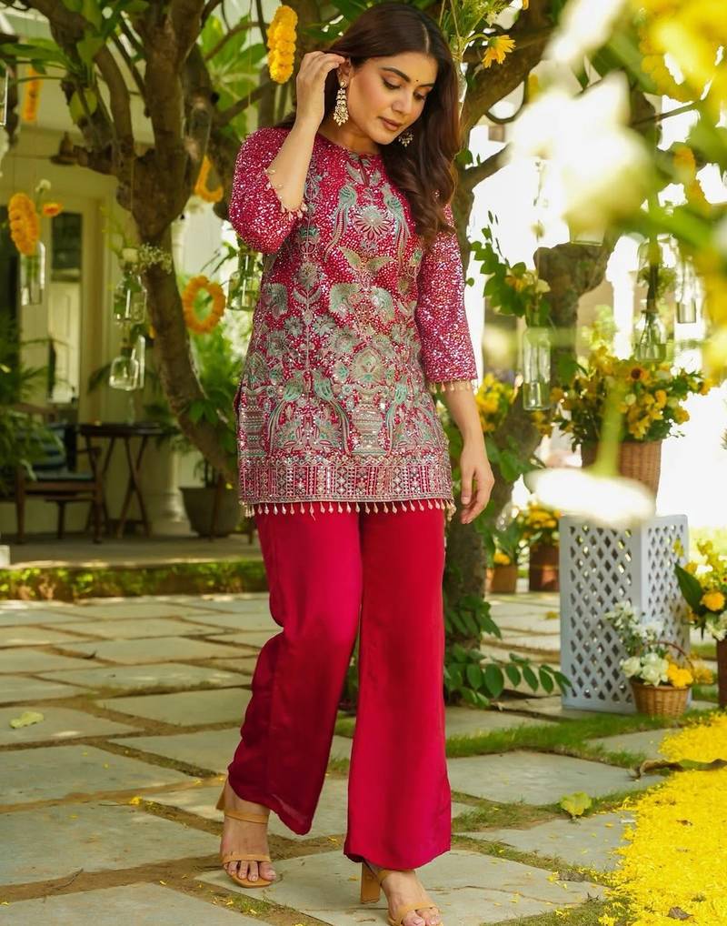 women's  silk embroidered kurta palazzo set