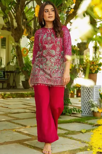 women's  silk embroidered kurta palazzo set