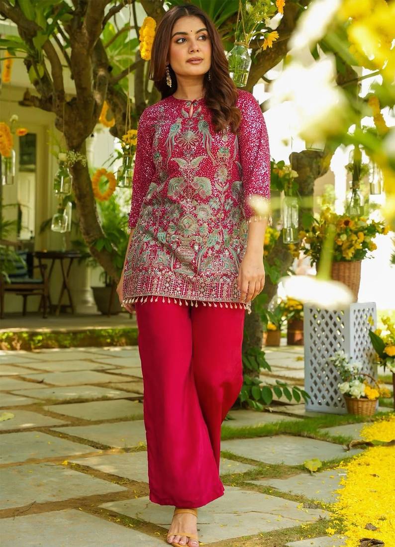 women's  silk embroidered kurta palazzo set