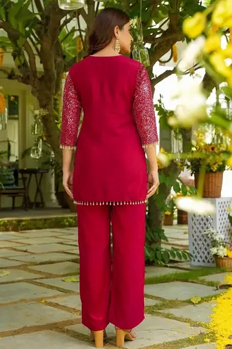 women's  silk embroidered kurta palazzo set