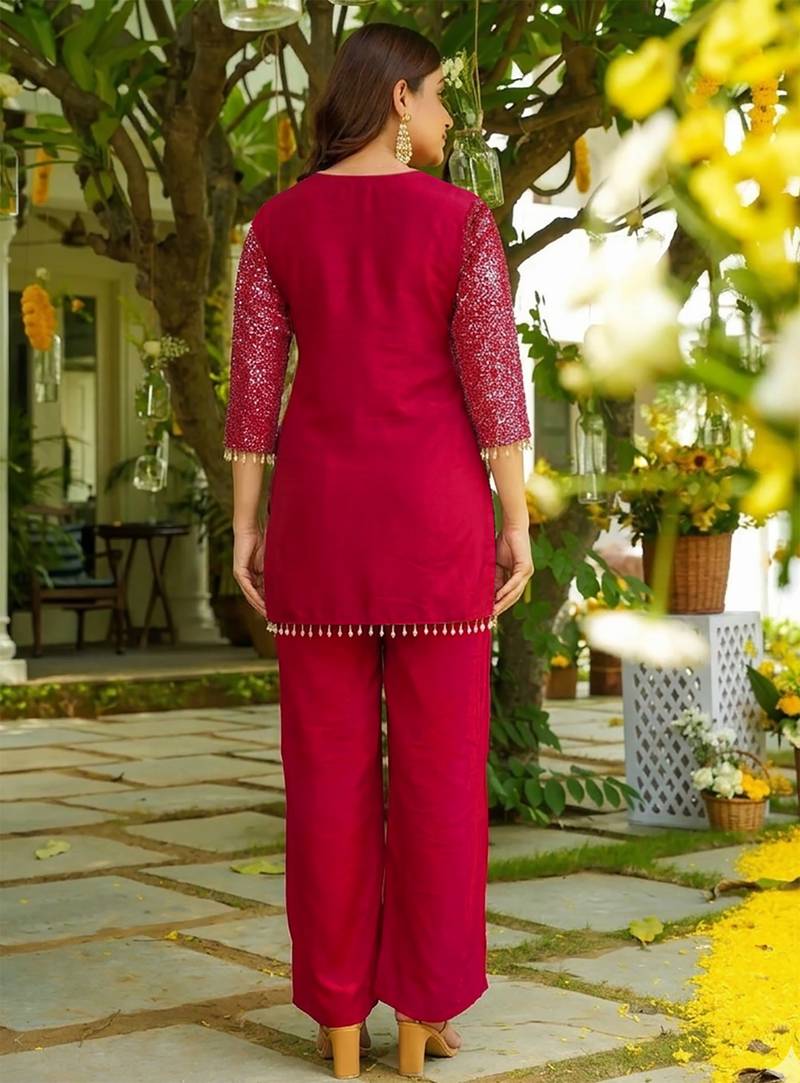 women's  silk embroidered kurta palazzo set