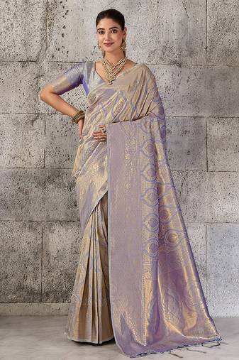 Grey color rich sophisticated kanjivaram blend silk saree