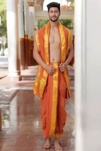 Orange plain art silk basic dhoti