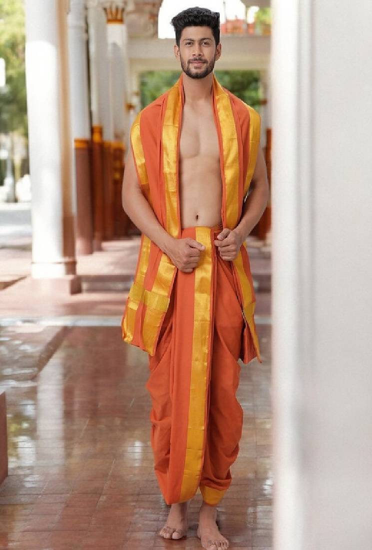 Orange plain art silk basic dhoti