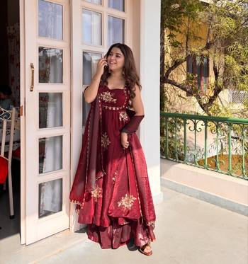 women's shimmer silk sequins embroidered anarkali kurta palazzo with dupatta set 1