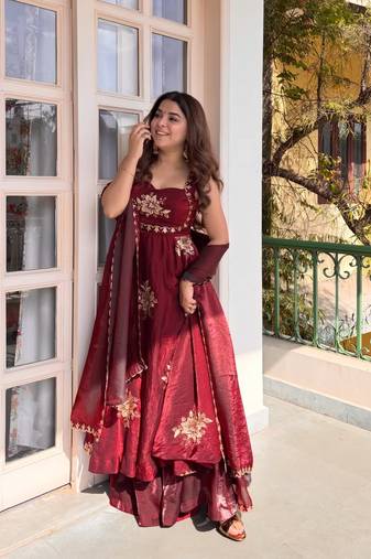 women's shimmer silk sequins embroidered anarkali kurta palazzo with dupatta set