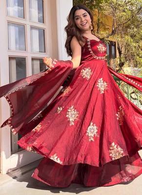 women's shimmer silk sequins embroidered anarkali kurta palazzo with dupatta set 2
