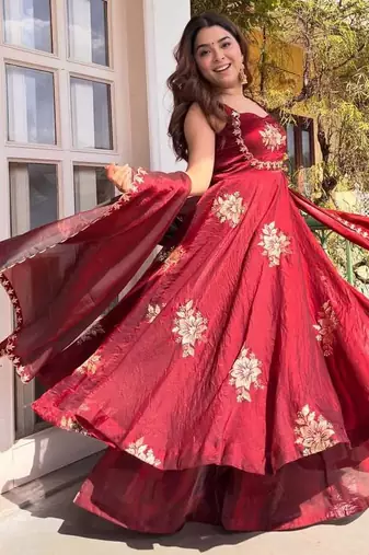women's shimmer silk sequins embroidered anarkali kurta palazzo with dupatta set