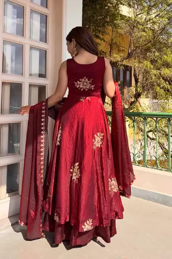 women's shimmer silk sequins embroidered anarkali kurta palazzo with dupatta set
