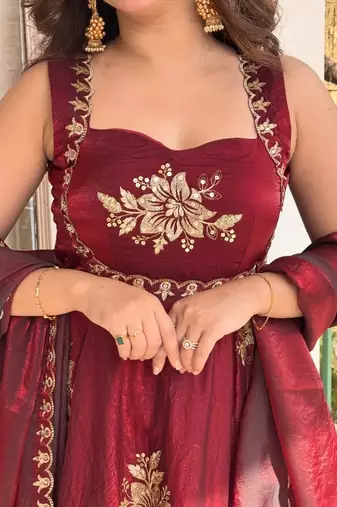 women's shimmer silk sequins embroidered anarkali kurta palazzo with dupatta set