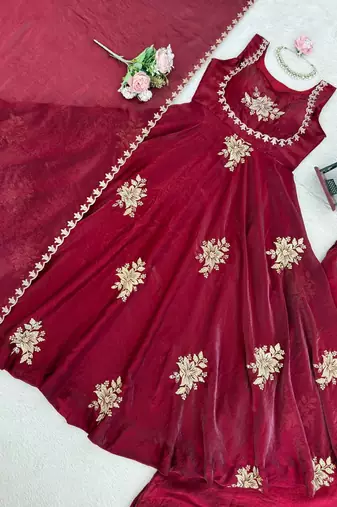 women's shimmer silk sequins embroidered anarkali kurta palazzo with dupatta set