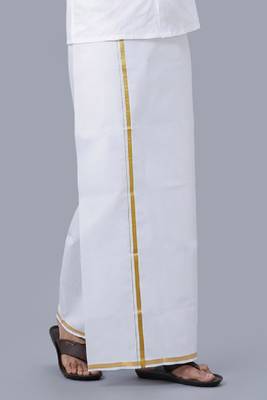 white cotton regular fit mens dhoti with gold zari border 2