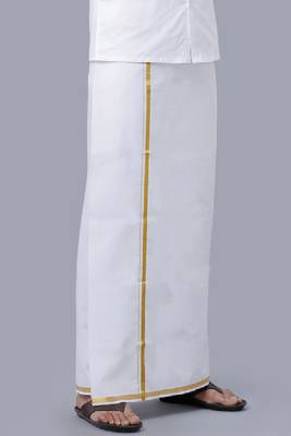 white cotton regular fit mens dhoti with gold zari border 3