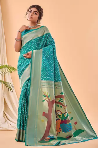 Rama green bandhani weaving saree with heavy pallu