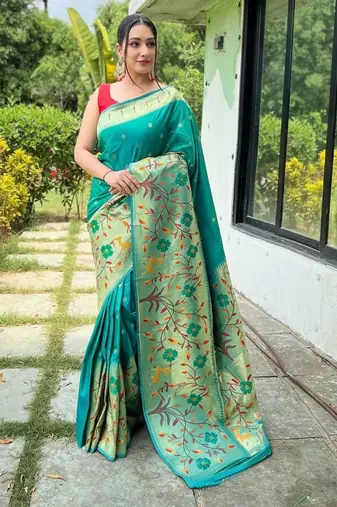 rama green silk blend saree with meenakari motifs