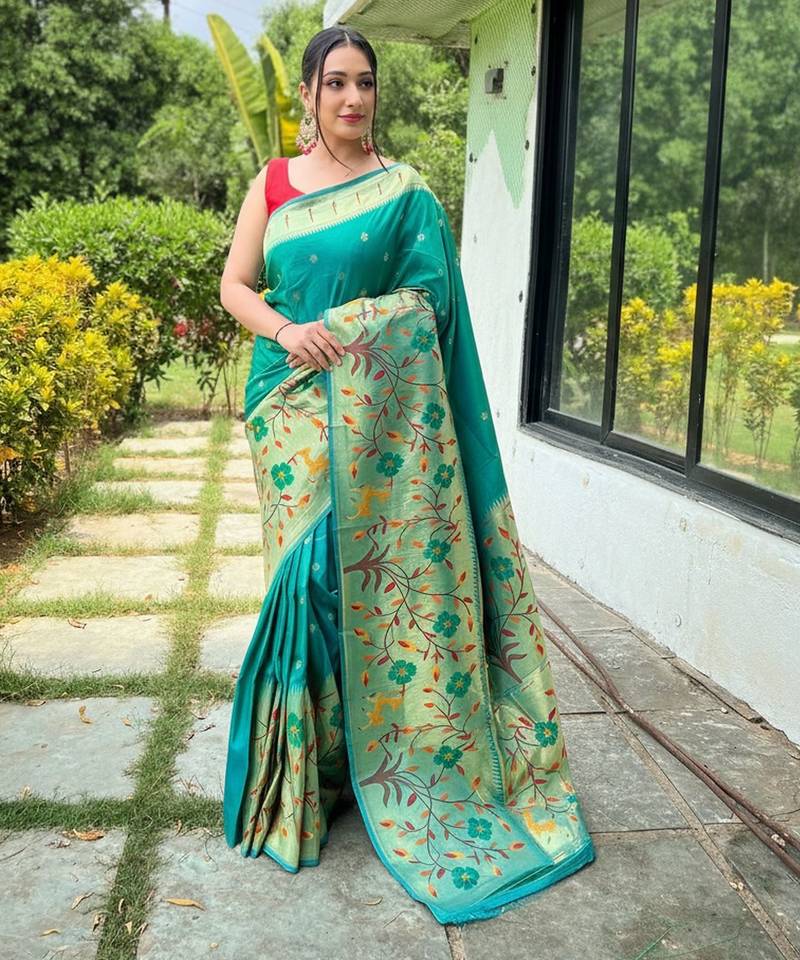 rama green silk blend saree with meenakari motifs