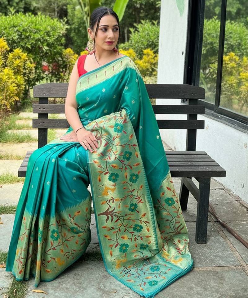 rama green silk blend saree with meenakari motifs