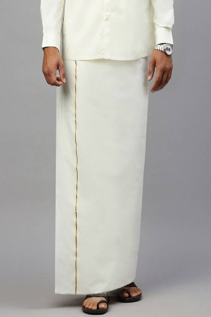 Cream plain cotton regular fit trousers