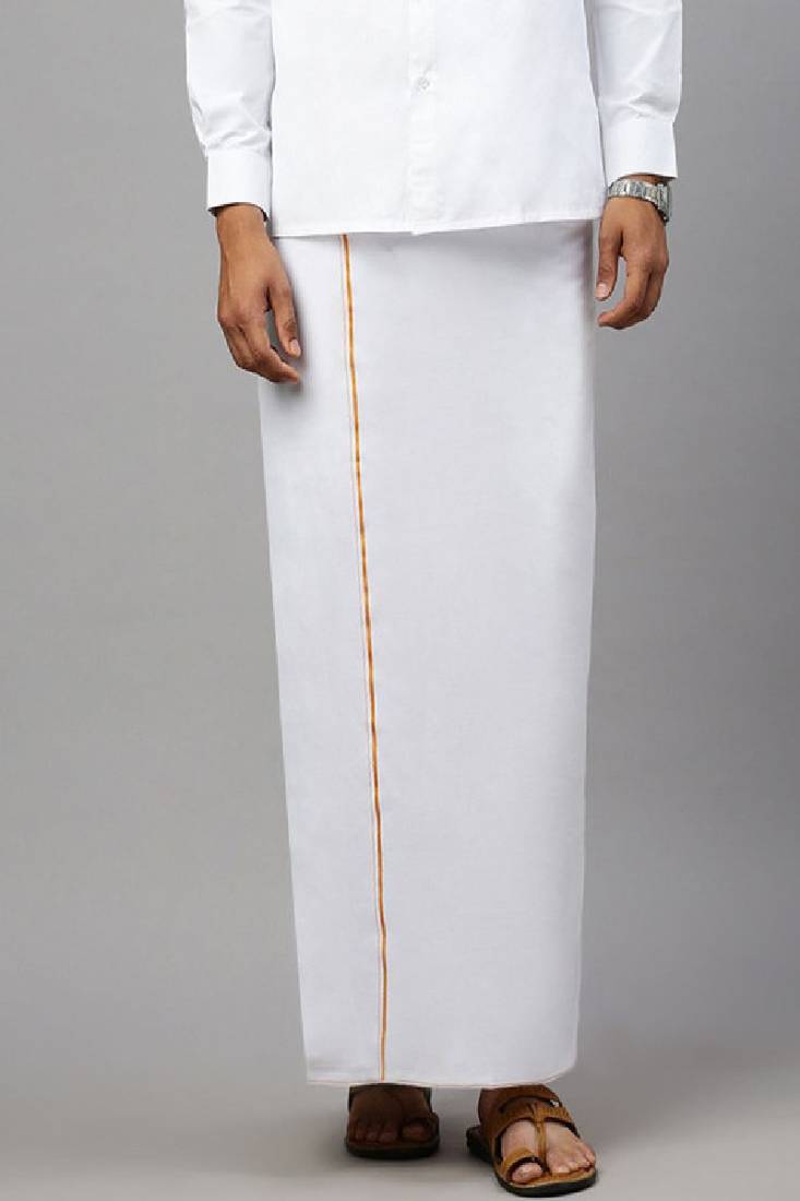 White dhoti cotton solid gold jari border