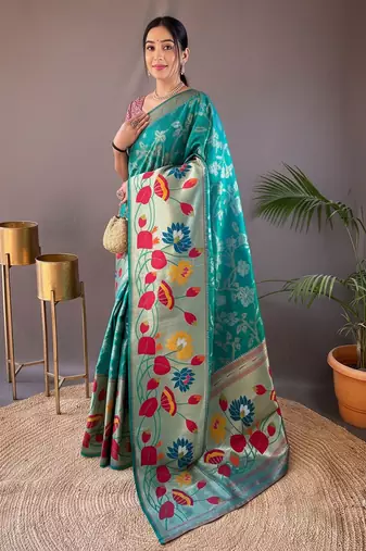 Rama green soft silk blend saree with rich weaved heavy pallu & 3d traditional design with gold and silver zari