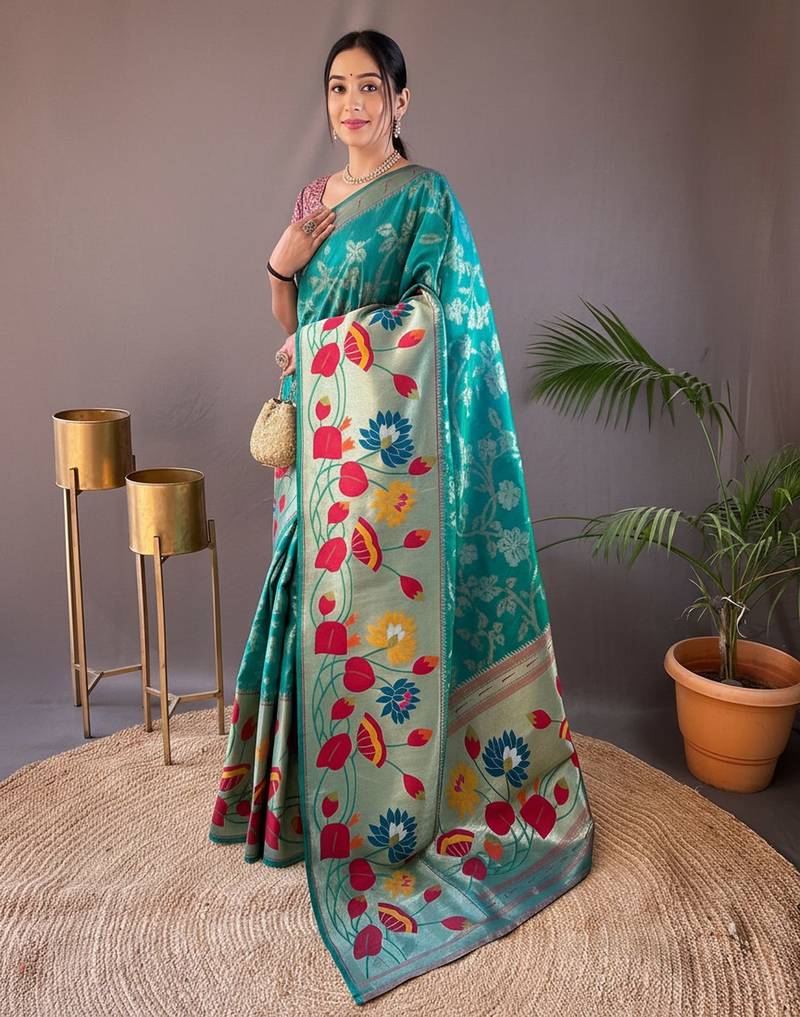 Rama green soft silk blend saree with rich weaved heavy pallu & 3d traditional design with gold and silver zari