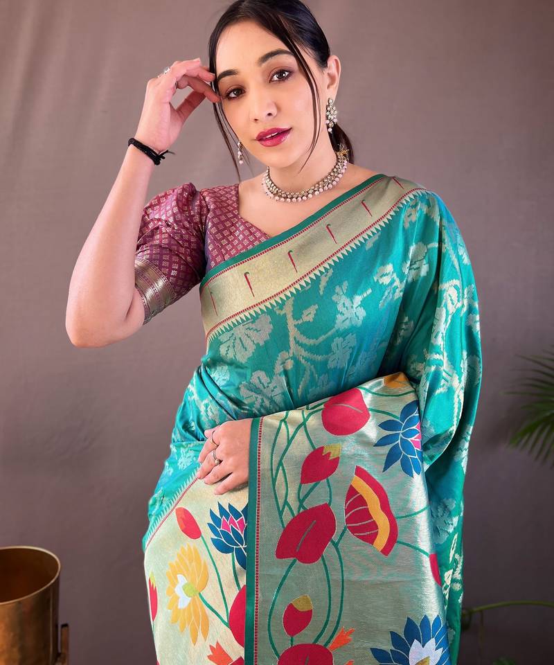 Rama green soft silk blend saree with rich weaved heavy pallu & 3d traditional design with gold and silver zari