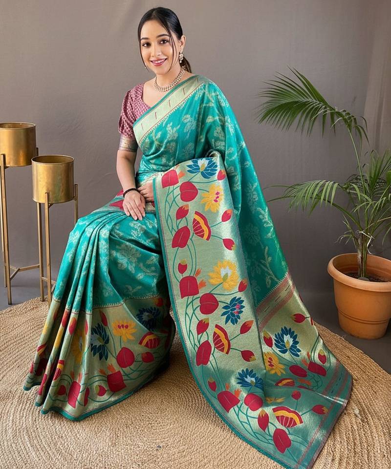 Rama green soft silk blend saree with rich weaved heavy pallu & 3d traditional design with gold and silver zari
