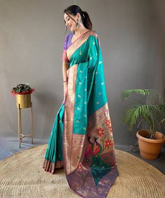Rama green color silk blend saree with rich contrast weaving pallu & border and beautiful buttis 2