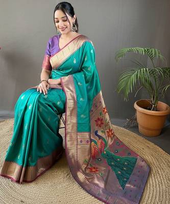 Rama green color silk blend saree with rich contrast weaving pallu & border and beautiful buttis 4
