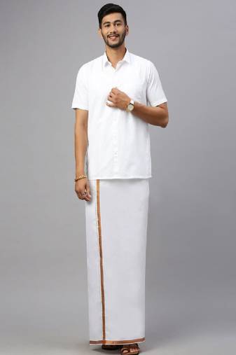 white cotton mens dhoti with copper zari border