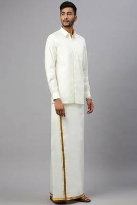 cream cotton mens dhoti with gold zari border 1