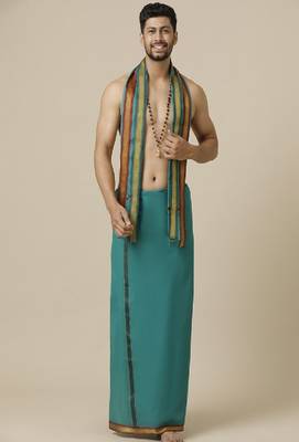 green cotton mens dhoti with mayilkhan border 1