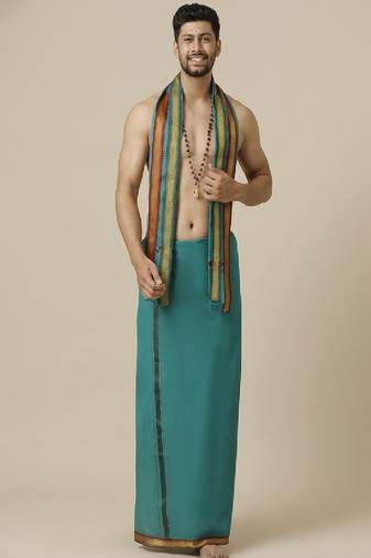 green cotton mens dhoti with mayilkhan border